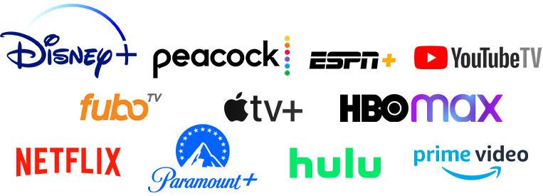 Collage of logos of streaming services. Disney+, Peacock, ESPN+, YouTubeTV, FuboTV, tv+, HBOmax, Netflix, Paramount+, Hulu, and Prime Video.