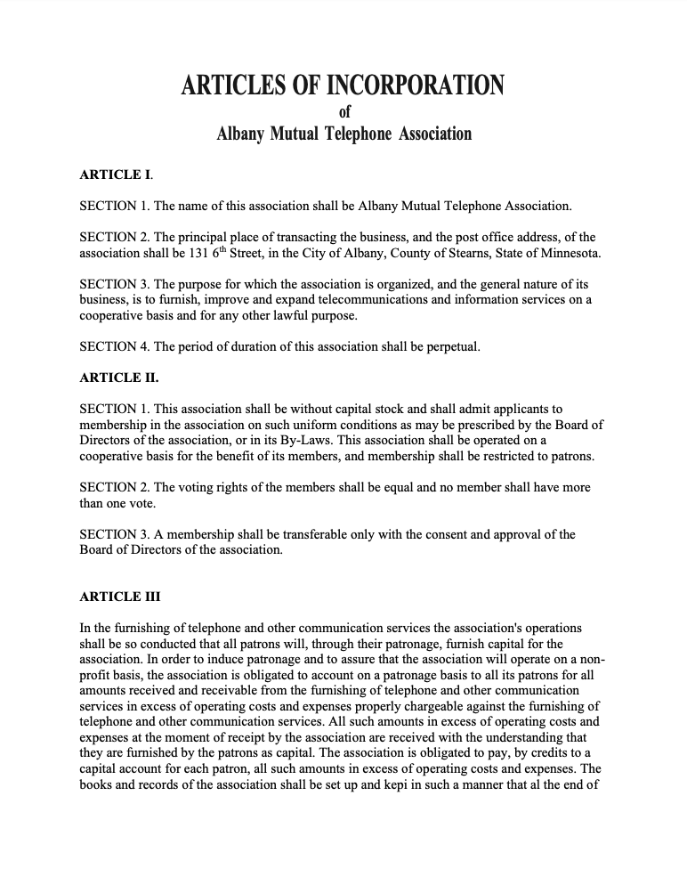 articles of incorporation of albany mutual telephone association icon