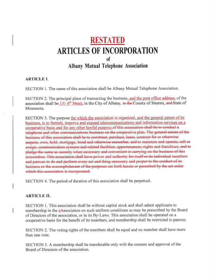 restated articles of incorporation of albany mutual telephone association icon