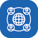 Icon of four user icons connected to each other, with a globe in the center.