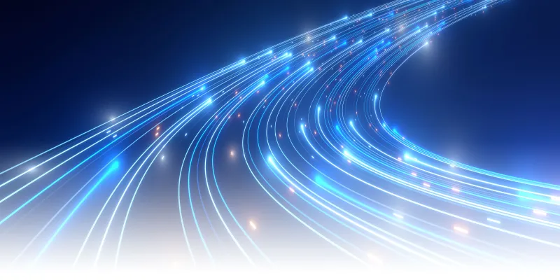 Graphic illustration of light traveling through fiber optic threads.